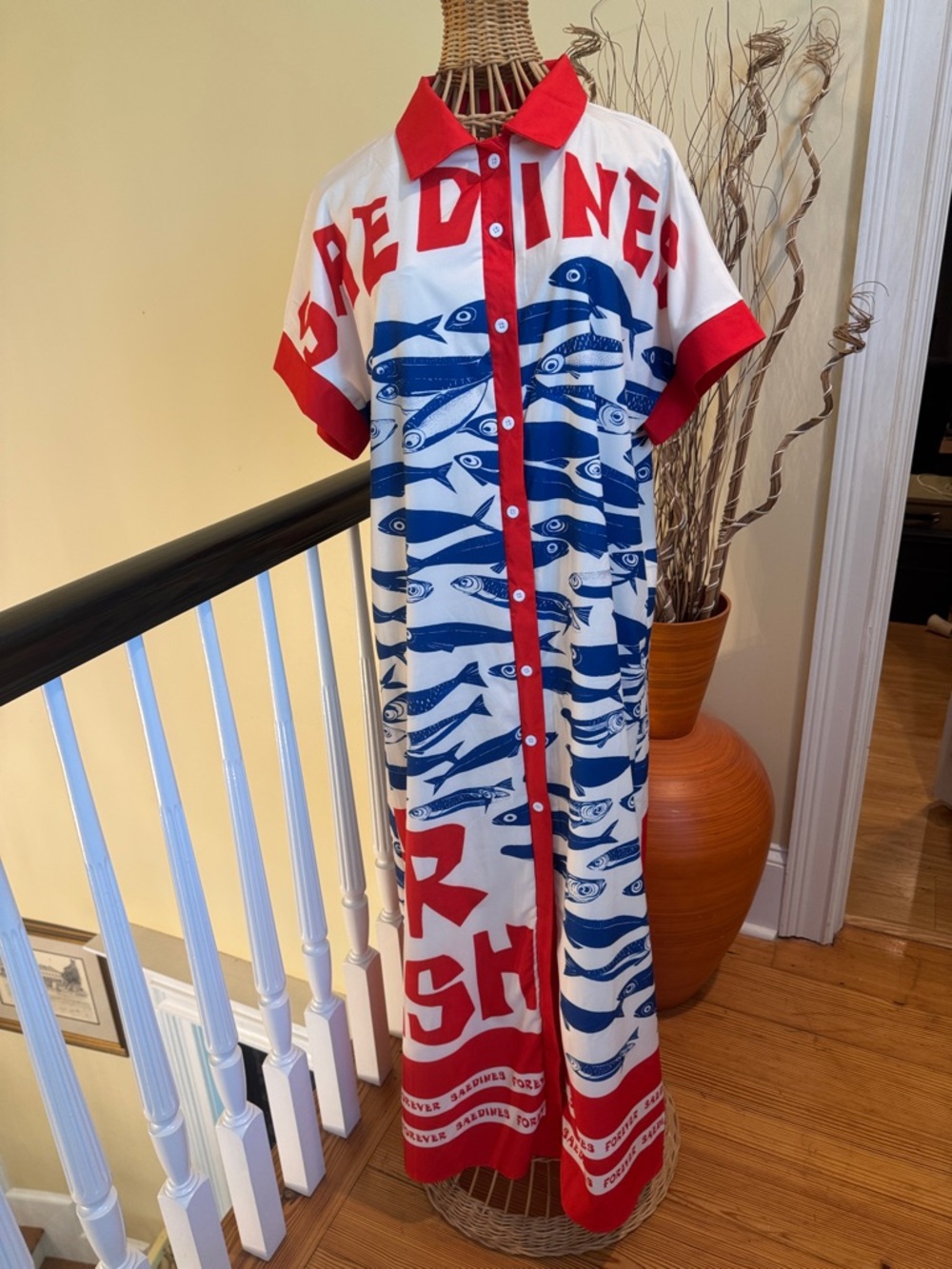 Fresh Sardines NWOT white and red dress with blue sardines